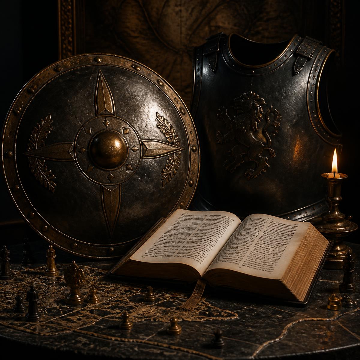 Shield, armor, and an open Bible on a strategy table